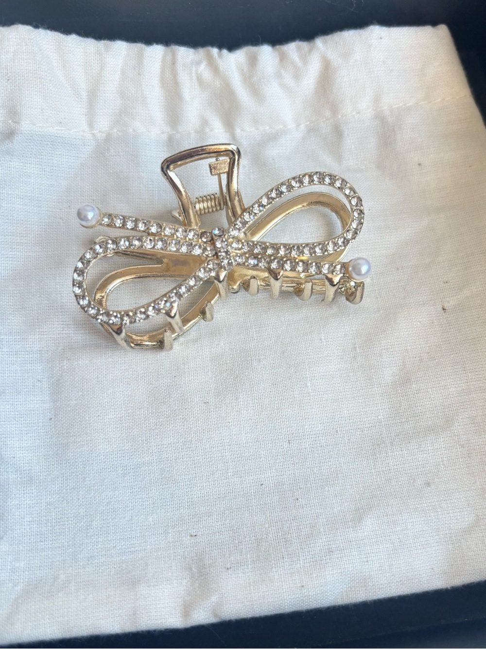 Gold Rhinestone Bow Hair Clip with Pearl Tips